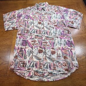 VTG Men’s Thums Up Silk Abstract Art Quirky Cosby Grunge Button Up Shirt Small